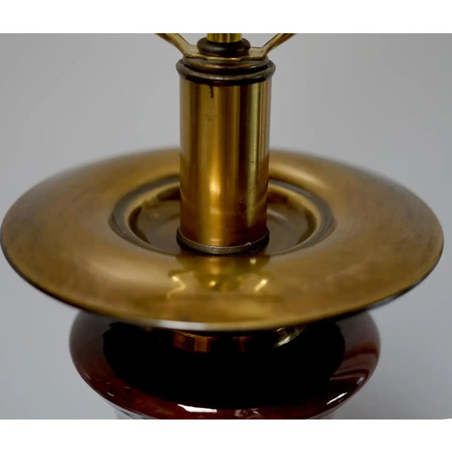 Traditional Pair of 21st Century Brass and Ceramic Burgundy Baluster Lamps For Sale - Image 3 of 10
