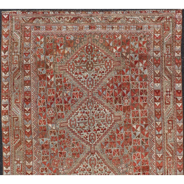 Antique Distressed Persian Medallion Shiraz Rug in Shades Rusty Red & Steel Blue. Keivan Woven Arts / rug EMB-22190-15055,...
