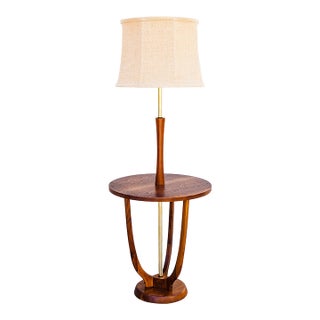 Restored 1960s Sculpted Walnut & Brass Floor Lamp With Cocktail Table For Sale