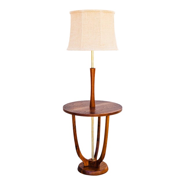 Restored 1960s Sculpted Walnut & Brass Floor Lamp With Cocktail Table For Sale