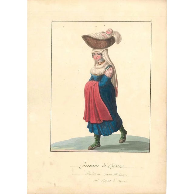 Watercolour on ivory colored paper, 1820 c.a\. Hand-titled ''Costume di Cajazzo'', with autograph caption black ink...