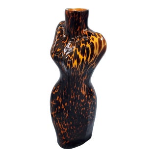 Handblown Murano Style Glass Sculptural Vase Tortoise Shell Speckled Pattern For Sale