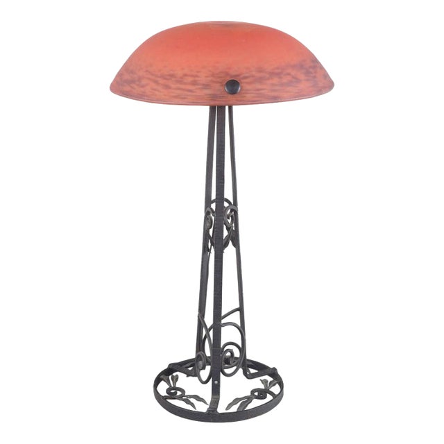 French Art Nouveau-Style Table Lamp in Cast Iron and Art Glass For Sale