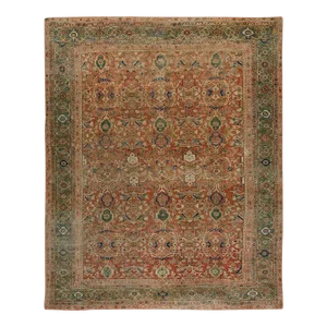 Rustic Red Background and Beautiful Green Ported Antique Persian Sultanabad Carpet ( 9' X 11'6" - 275 X 350 )