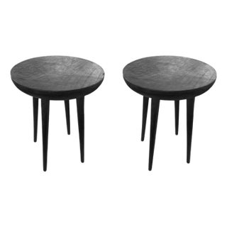Pair of Sculptural Side Tables Crafted From Mango Wood & Burnt, Black Finish For Sale