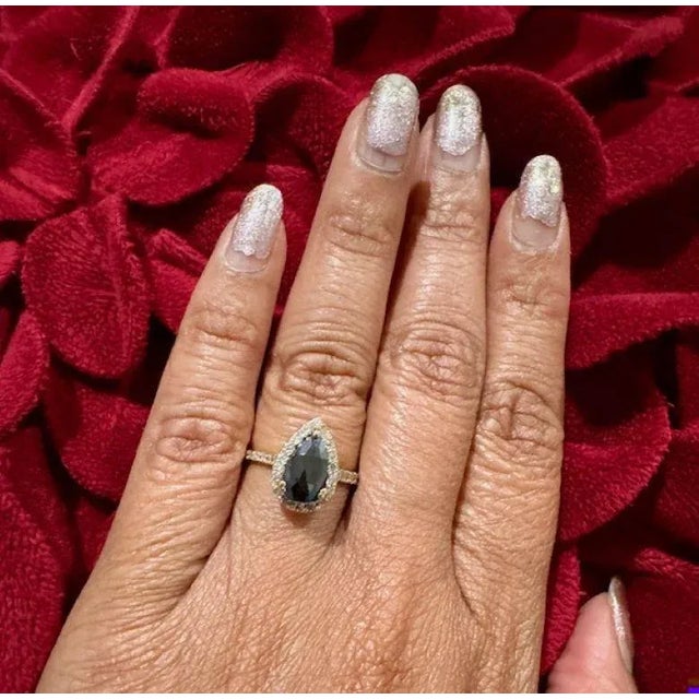 2.06 Carat Pear Cut Halo Black Diamond Yellow Gold Engagement Ring, Size 7 For Sale - Image 4 of 6