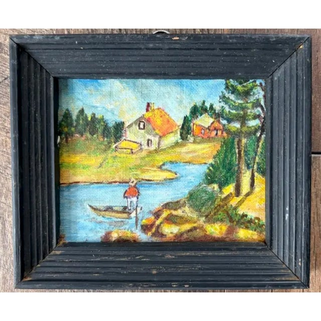 American Folk Art, Americana Small Oil Paintings - Collection of 3 in Original Wood Frames For Sale - Image 3 of 6