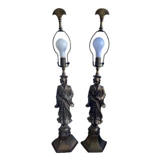 Pair of Hollywood Regency Asian Figural Table Lamps — Chinoiserie Bronze-Tone Sculptural Lamps For Sale