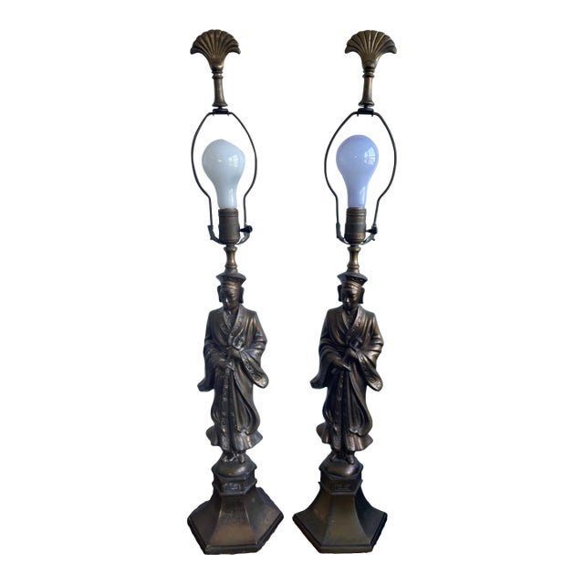 Pair of Hollywood Regency Asian Figural Table Lamps — Chinoiserie Bronze-Tone Sculptural Lamps For Sale