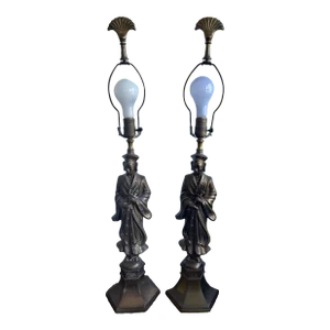 Pair of Hollywood Regency Asian Figural Table Lamps — Chinoiserie Bronze-Tone Sculptural Lamps