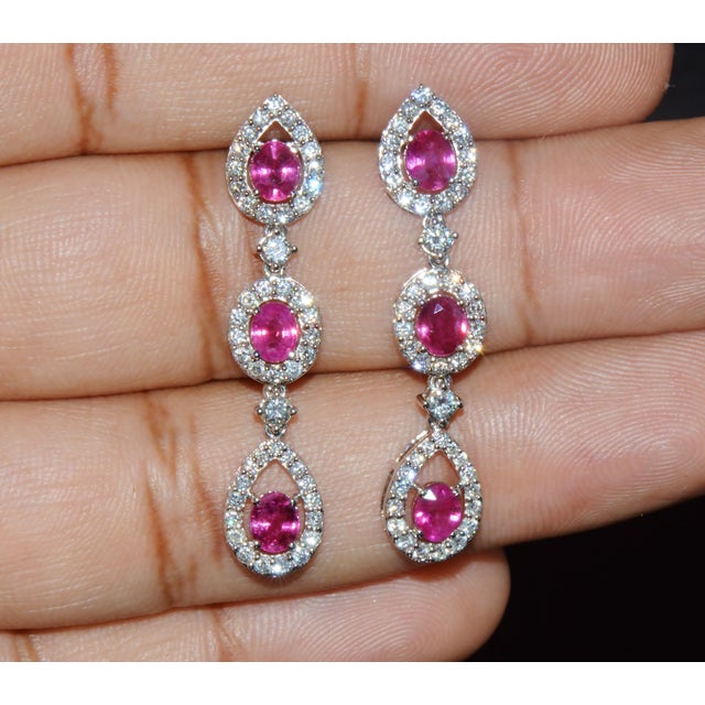 Ruby Red Late 20th Century Pair of Gia 3.99ctw Natural Burma Ruby & Diamond 18k White Gold Dangle Earrings For Sale - Image 8 of 13