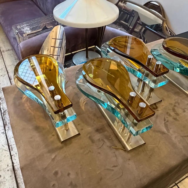 Metal Set of Two 1970s Space Age Amber and Green Heavy Glass Wall Sconces by Veca For Sale - Image 7 of 18
