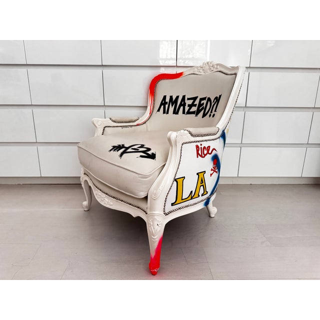 Contemporary Pair of Bespoke Jimmie Martin Hand-Painted White Leather Graffiti Armchairs For Sale - Image 3 of 18