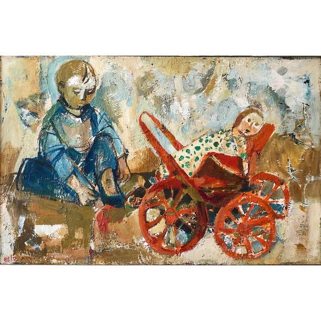 Ruth Schloss, Israeli Oil Painting Ruth Schloss Child, Doll, Wagon, Kibbutz Social Realist Art, c.1950s For Sale