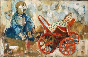 Ruth Schloss, Israeli Oil Painting Ruth Schloss Child, Doll, Wagon, Kibbutz Social Realist Art, c.1950s