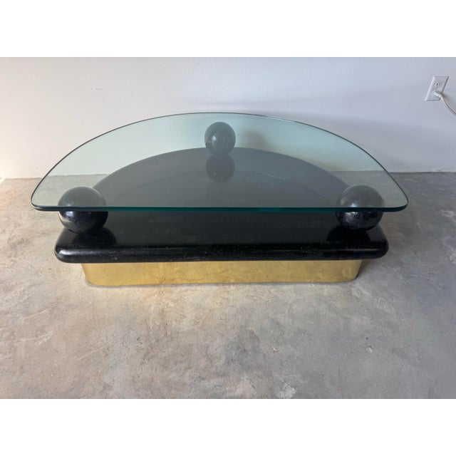 1980’s Postmodern Tessellated Stone and Brass Half-Moon Coffee Table With Glass Top/ Sold For Sale - Image 9 of 12
