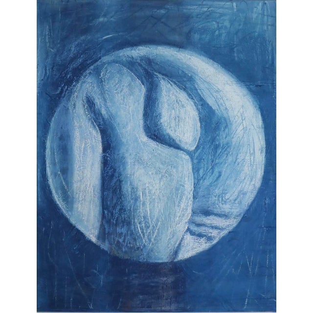 Rendered in deep, layered shades of blue, this pastel painting captures a haunting yet tender sense of vulnerability and...