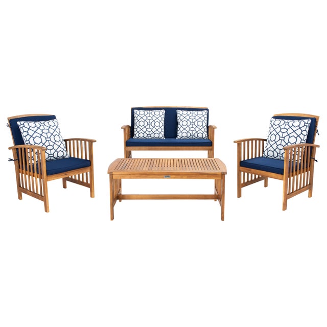 Rocklin 4-Piece Outdoor Set, Natural/Navy Cushion With Blue & White Mosaic Pillows For Sale - Image 9 of 9