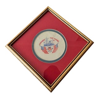 Remember the Maine Us Navy Ship Flags Souvenir Framed Linen 1898 For Sale