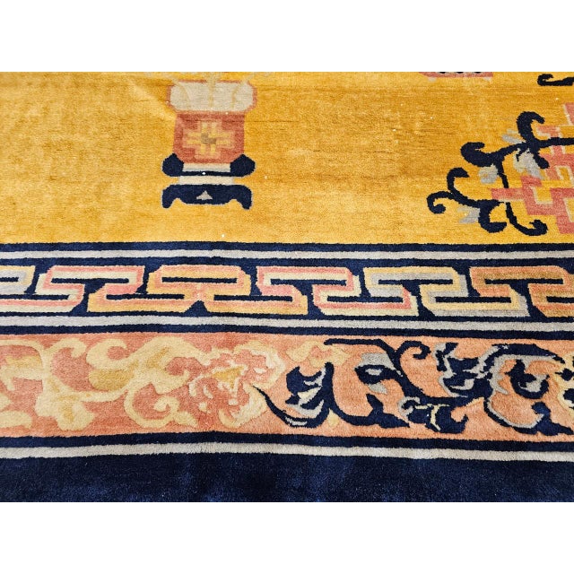 Antique Art Deco Chinese Rug, Hand-Knotted Wool, Pastel Yellow & Blue, 10x15 For Sale - Image 18 of 18