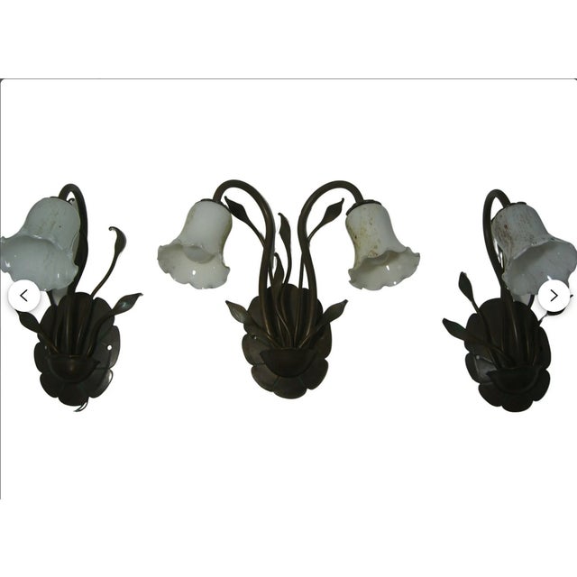 Art Nouveau Floral Brass Sconces with Opaline Glass Shades, 1970s, Set of 3 For Sale - Image 11 of 12