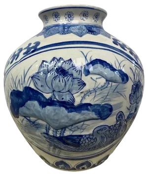 Chinese Blue and White Porcelain Vase with Lotus Flower Decorations