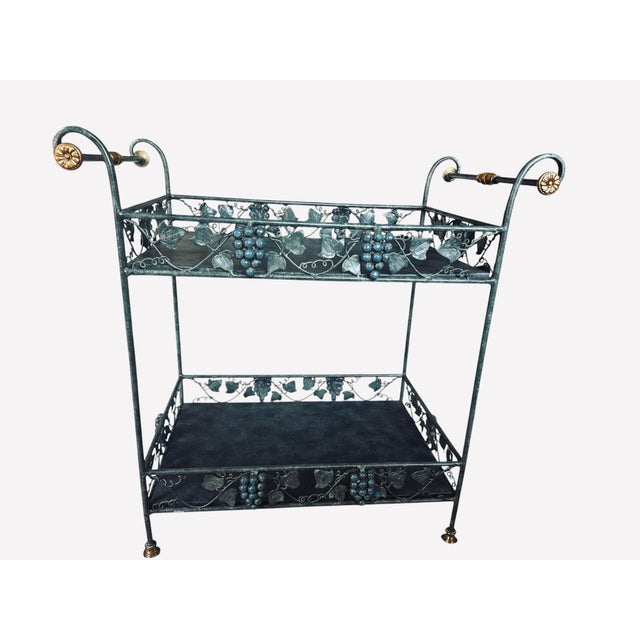 Beautiful vintage Maitland-Smith grapevine bar cart featuring hand-forged metalwork with raised grape clusters, ivy...