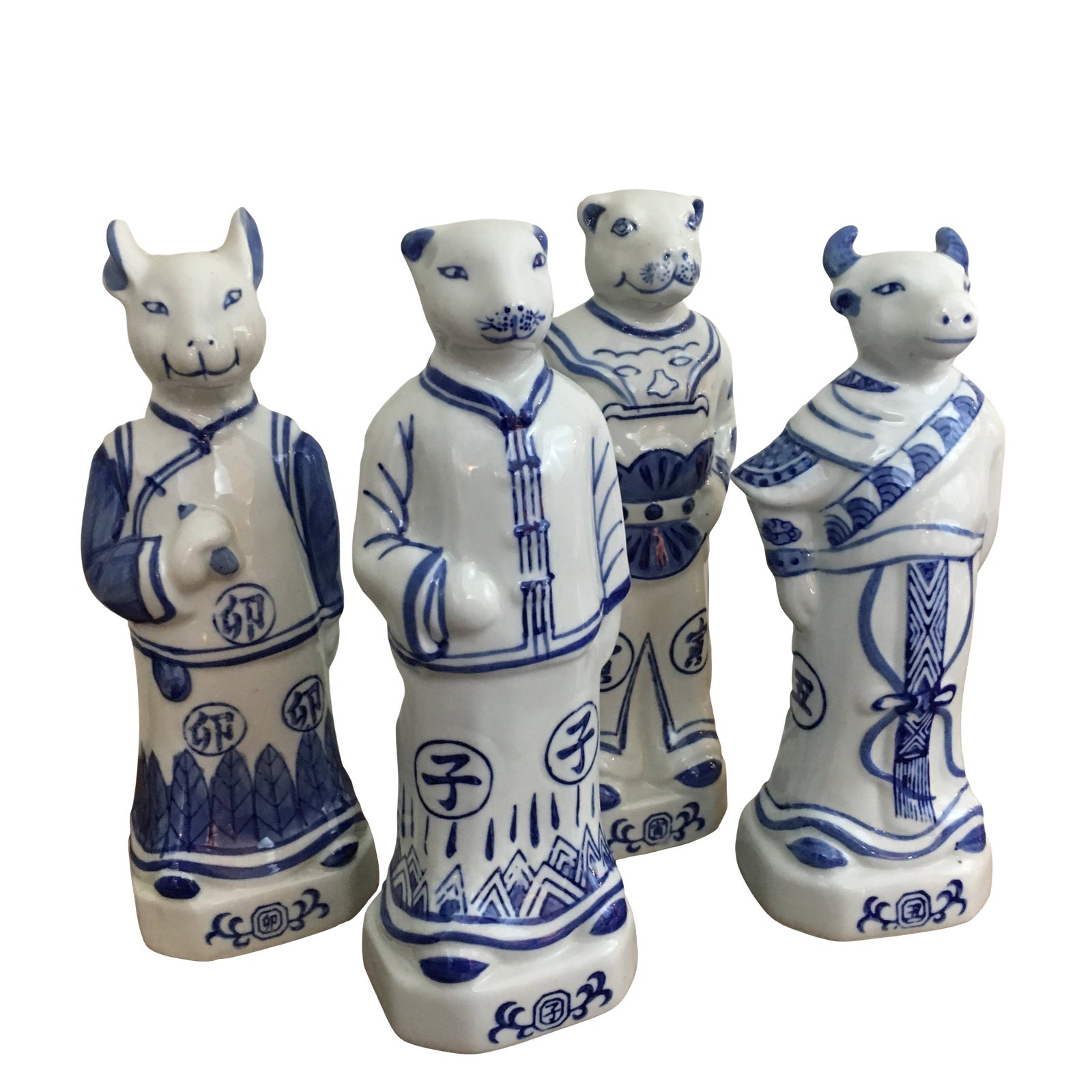Blue White Ceramic Chinese Zodiac Statues Set Of 4 Chairish
