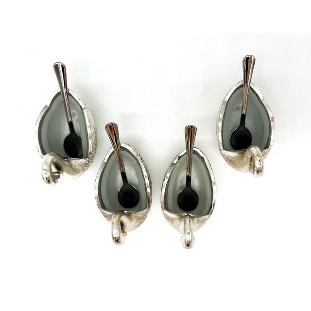 Metal Set of Four Silver -Plated Swan Salt Cellars With Glass Inserts and Spoons — Vintage Tableware, Hollywood Regency Style For Sale - Image 7 of 12