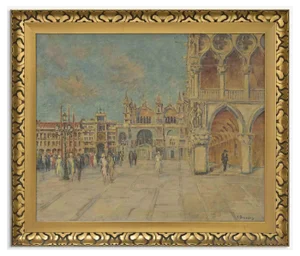 Georg Brandes, View of St. Mark's Square\., Oil Painting, Early 20th Century, Framed