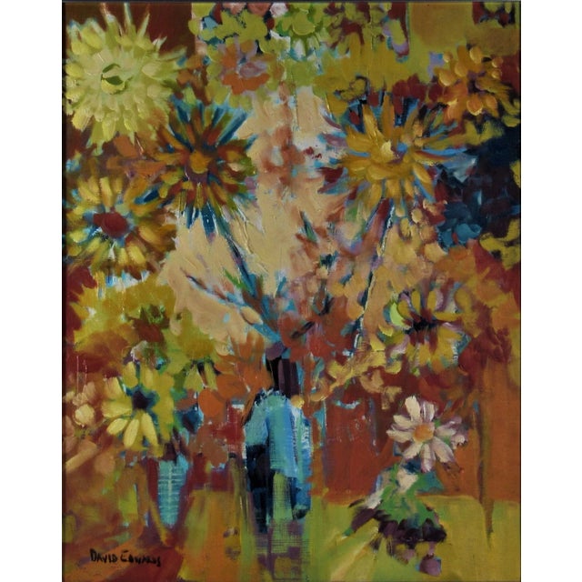This artwork "Flowers in a Vase" c.1970 is an oil painting on canvas by British/Canadian artist David Edwards, born 1944....