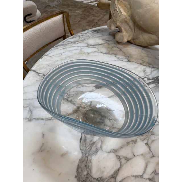1970s Murano Art Glass Bowl With Blue Stripes For Sale - Image 4 of 4