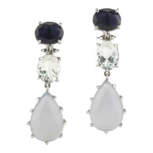 18kt White Gold Three Stone Drop Earring with Iolite, Rock Crystal, and Chalcedony - A Pair