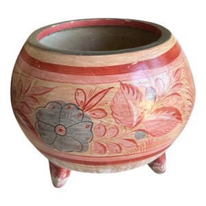 Vintage Tonalá Pottery Footed Planter – Hand-Painted Floral Design