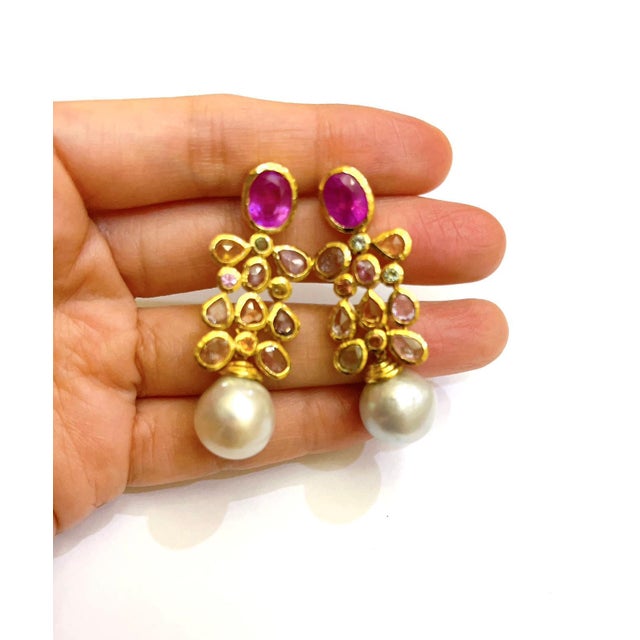 Bochic "Capri" Vintage Ruby & Multi Sapphire Earrings Set In 18K Gold & Silver For Sale - Image 9 of 18