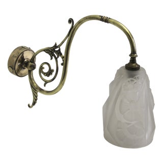 French Art Deco Sconce with Brass Fixture and Glass Shade, 1930s For Sale