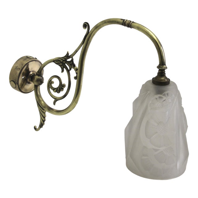 French Art Deco Sconce with Brass Fixture and Glass Shade, 1930s For Sale