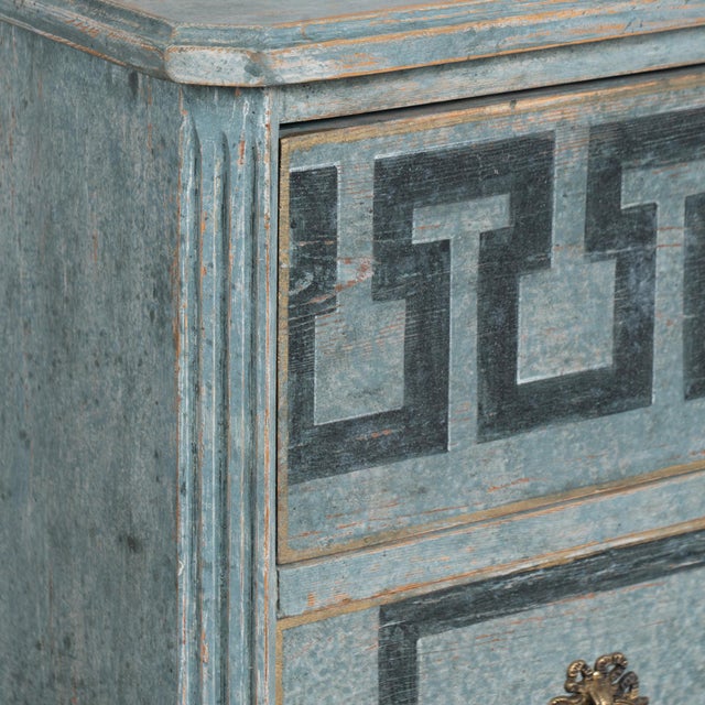 19th Century Swedish Gustavian Blue Chest of Three Drawers With Greek Key Design For Sale - Image 10 of 14