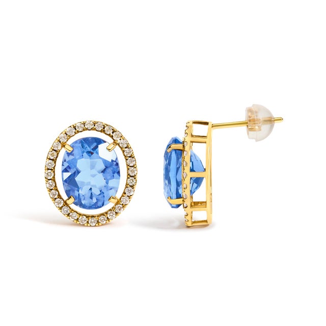 Haus of Brilliance 18K Yellow Gold 8X10 MM Blue Fluorite Oval and 1/2 Cttw Diamond Halo Stud Earrings For Sale - Image 4 of 4