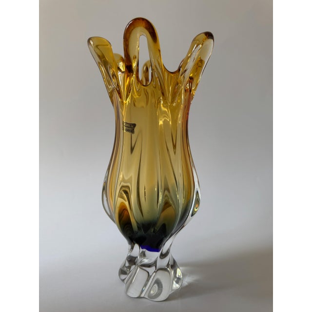 Organic Modern Bohemian Amber Art Glass Vase from Egermann Glassworks, Czech Republic, 1980s For Sale - Image 9 of 16