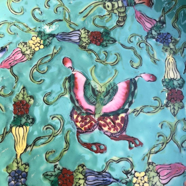 Vintage 20th Century Japanese Porcelain Ware Heavily Enameled 7.5” Turquoise Bowl with Butterflies For Sale - Image 4 of 8