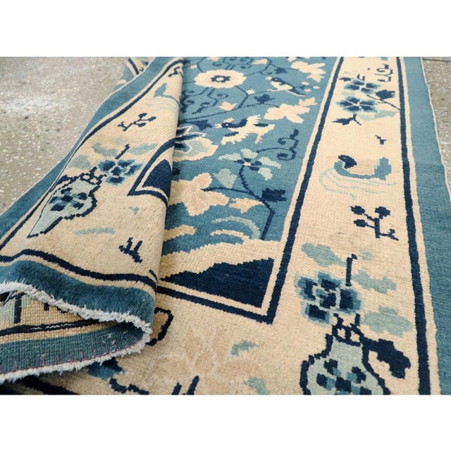 Sky Blue Galerie Shabab Collection Mid-20th Century Handmade Chinese Peking Throw Rug in Cream and Light Blue For Sale - Image 8 of 8