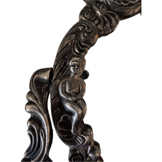 Rococo Antique Silverplate Cherub Vanity Mirror With Shell Crest For Sale - Image 3 of 7
