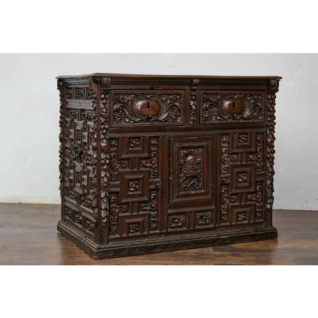 Spanish Renaissance 1680s Walnut Spice Cabinet with Foliage Carved Décor For Sale - Image 10 of 12