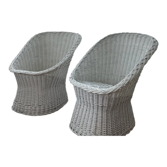 Set of (2) Vintage Wicker Rattan Barrel/Bucket Style Chairs For Sale