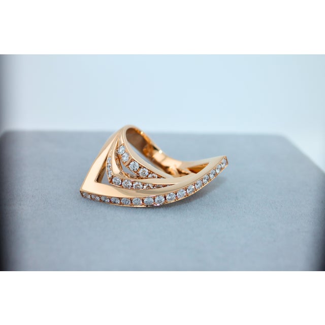 Diamond Channel Set Line Geometric Wave Unique Statement 18 Karat Rose Gold Ring, Size 7 For Sale - Image 16 of 18