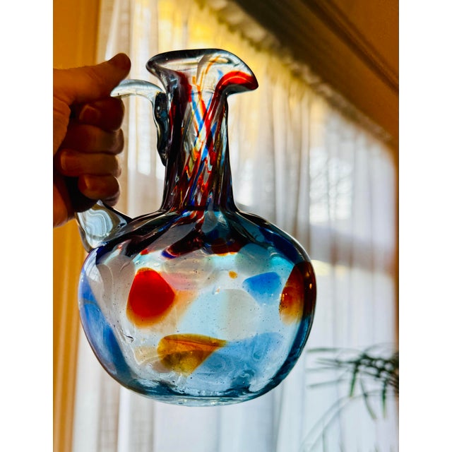 Abstract Late 20th Century Hand Blown Studio Art Glass Pitcher With Abstract Color Inclusions For Sale - Image 3 of 7