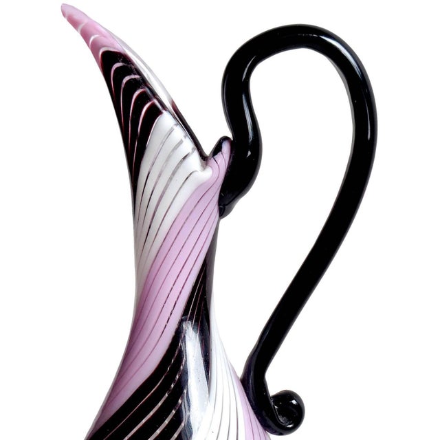 Beautiful vintage Murano hand blown black, white and pink Italian art glass pitcher / vase. Attributed to designer Dino...