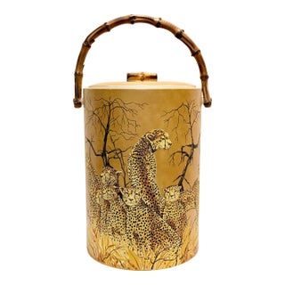 Vintage 1970s Abercrombie & Fitch Cheetah Print Ice Bucket With Faux Bamboo Handle – Retro Safari Home Decor For Sale