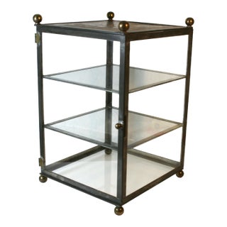 Hollywood Regency Brass Metal & Glass Square Footed Tabletop Curio Cabinet Vitrine For Sale